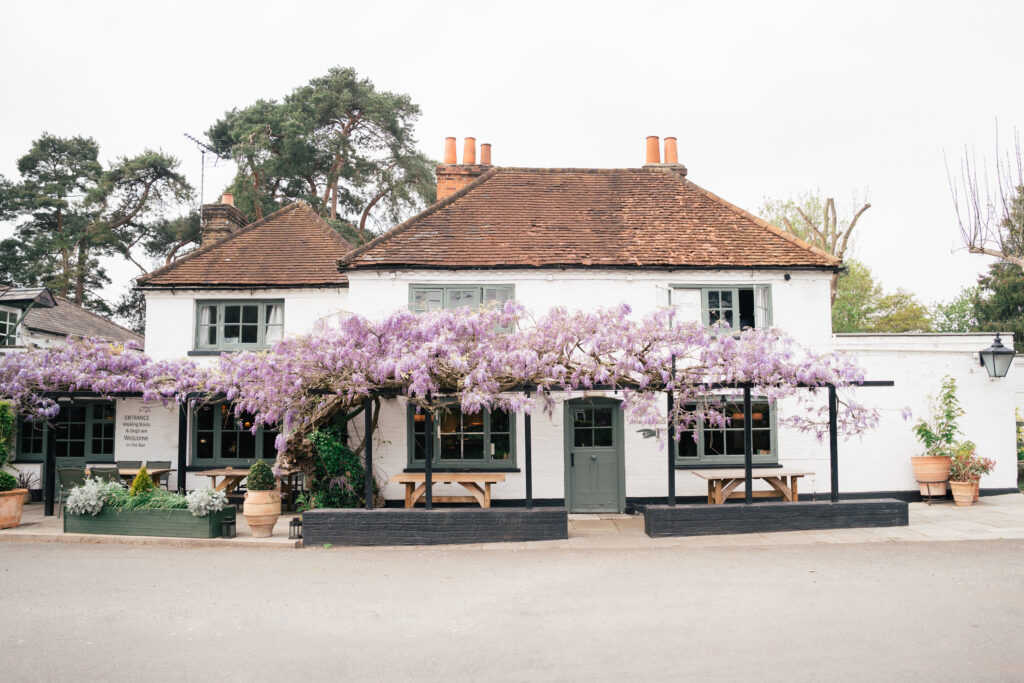 A charming white cottage-style building with a brown tiled roof, covered in blooming purple wisteria, is the perfect backdrop for a Surrey wedding photographer, with wooden picnic tables and potted plants welcoming guests by the entrance.